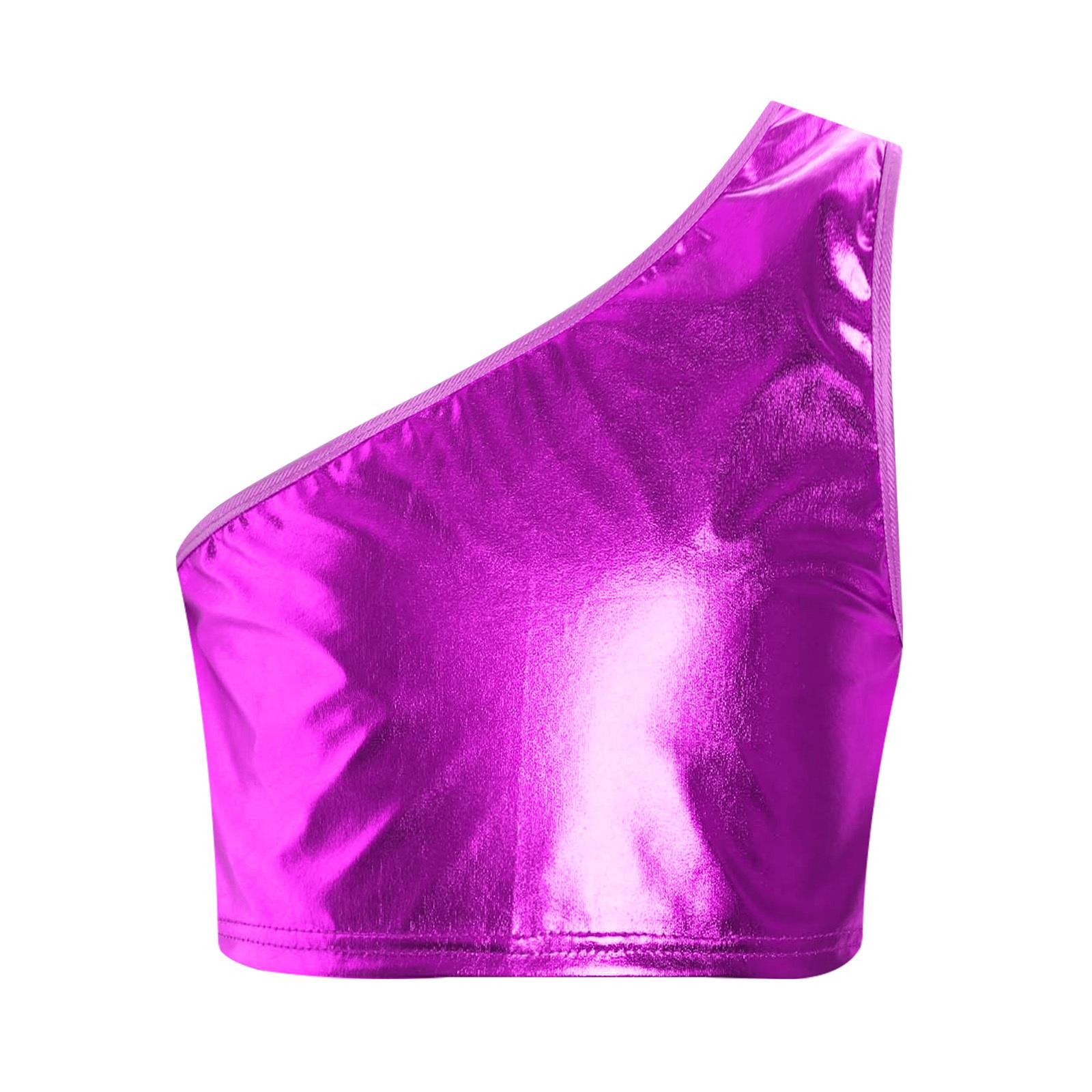 

Unisex Single Shoulder Slant Shoulder Sleeveless Shiny Metallic Crop Vest Performance Top 10-12 Years фіолетовий