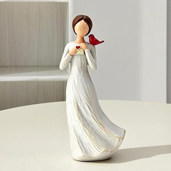Hand Painted Girl Bird Figurine Resin Red Bird Standing on Girl's Shoulder Statue Sympathy Gifts for Loss of Loved One