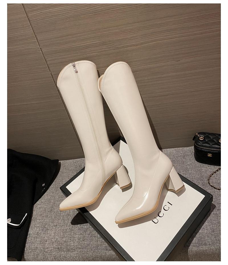 Women's White Non-Slip High-Top V-Cut Knight Boots - Pointed Toe, High Heel, Autumn/Winter 2025