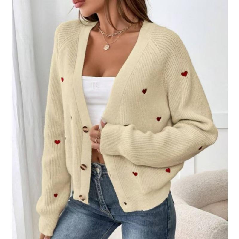 Love embroidered knitted sweater jacket, autumn and winter single-breasted V-neck sweater cardigan for women