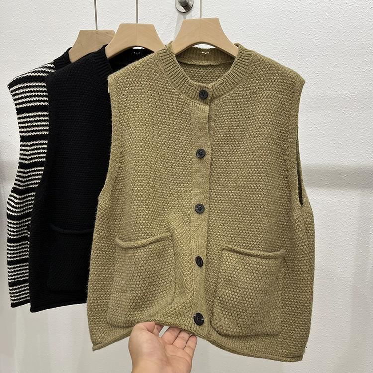DIMANAF 2025 Autumn Striped Vest Women Sleeveless Sweaters Knitting Colorful Buttons Casual Style Loose Sweater