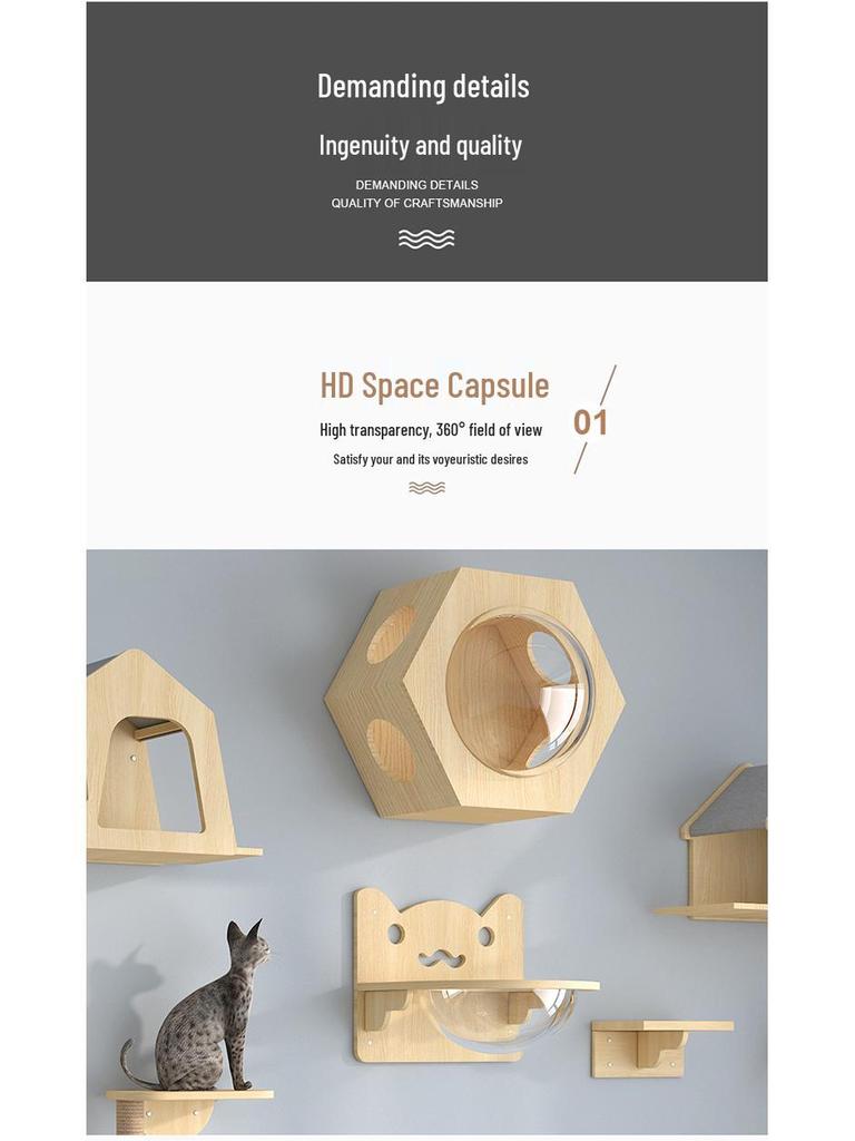 Wall-Mounted Solid Wood Cat Tree with Scratching Board and Jumping Platform