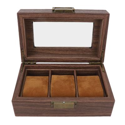 Wooden Watch Box 3 Slots Metal Hinges Natural Vintage Pattern Watch Display Case for Watches Brown