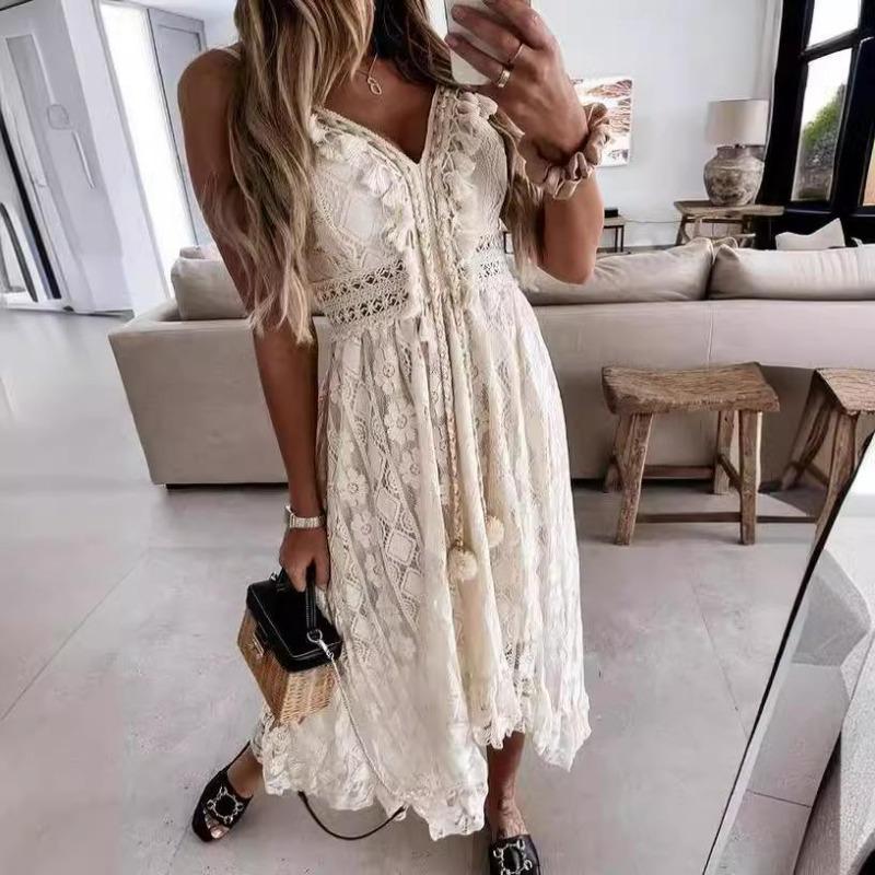 Women's Lace Maxi Dress Long Sleeve V Neck Boho Ruffle Elegant White Long Dress