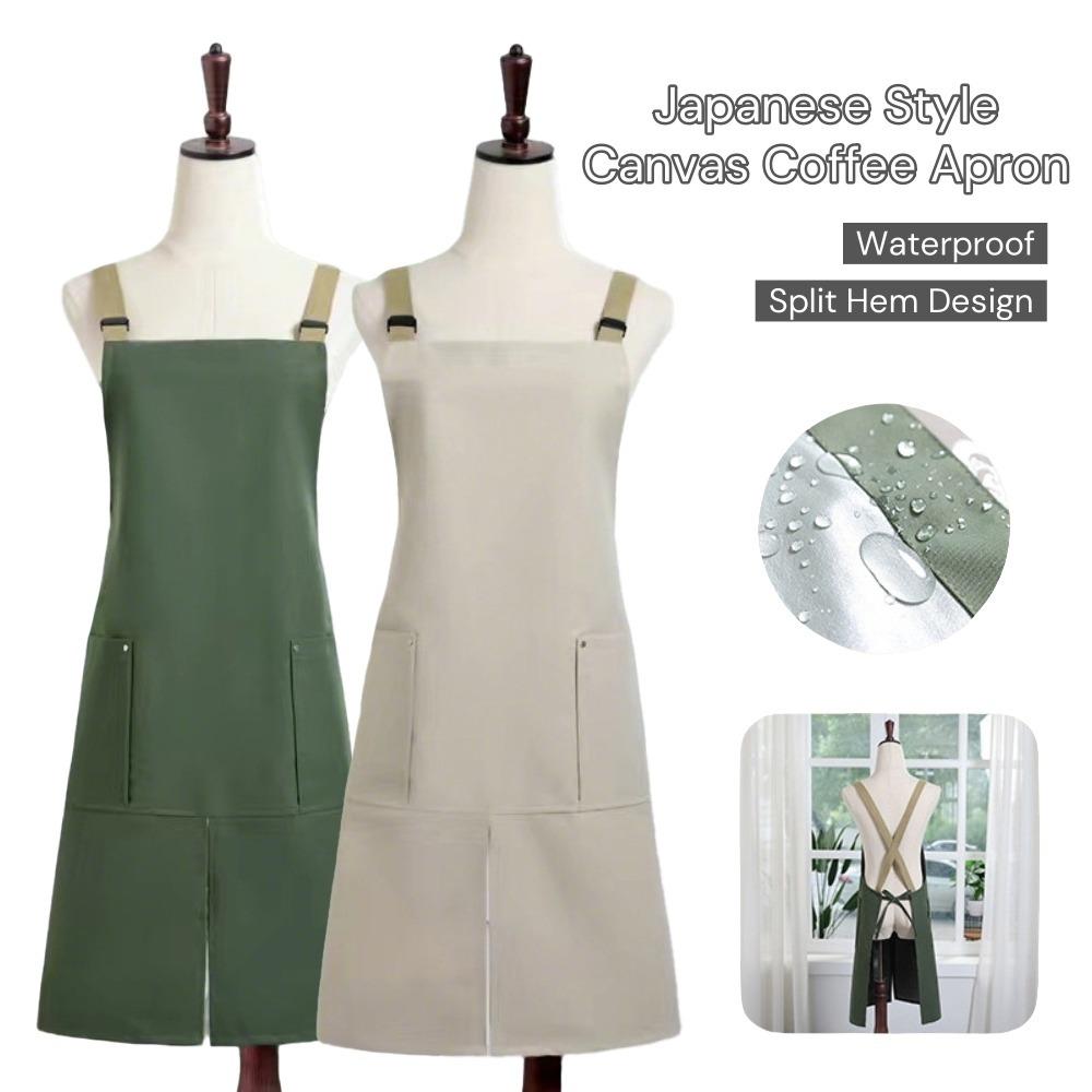 Fashion Canvas Baking Apron Waterproof Adjustable Strape Coffee Overalls Split Hem Design Japanese Style Work Cloth Kitchen Use
