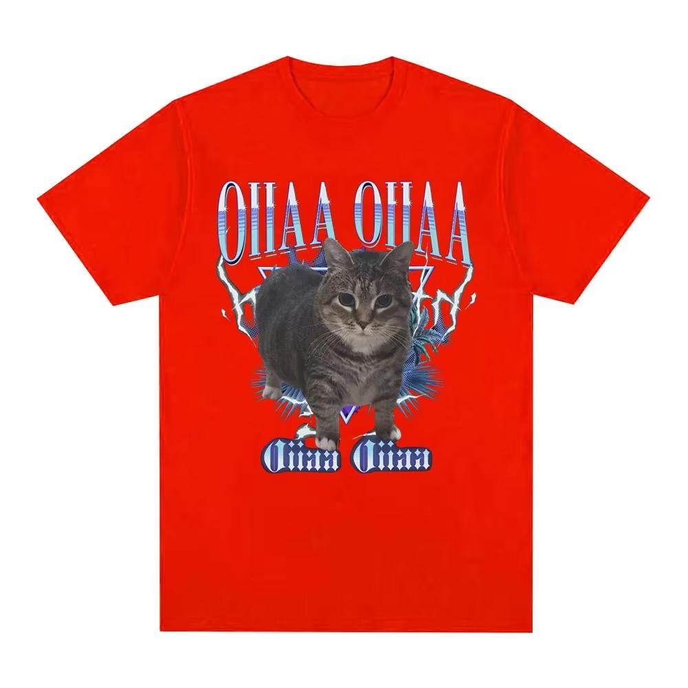 OIA oia lustiger drehender Katze OME Humor T-Shirt Brainrot Mode Retro T-Shirt Lässig Lockerärmel