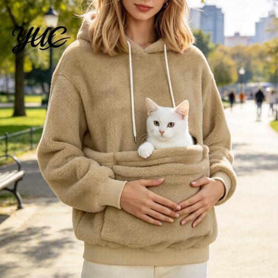 Casual Pet Lover Clothing Winter Pouch Hoodie, Women Fleece Sweatshirt with Large Front Pocket, Cat Long Sleeve Pullover Tops for Carrying Cats