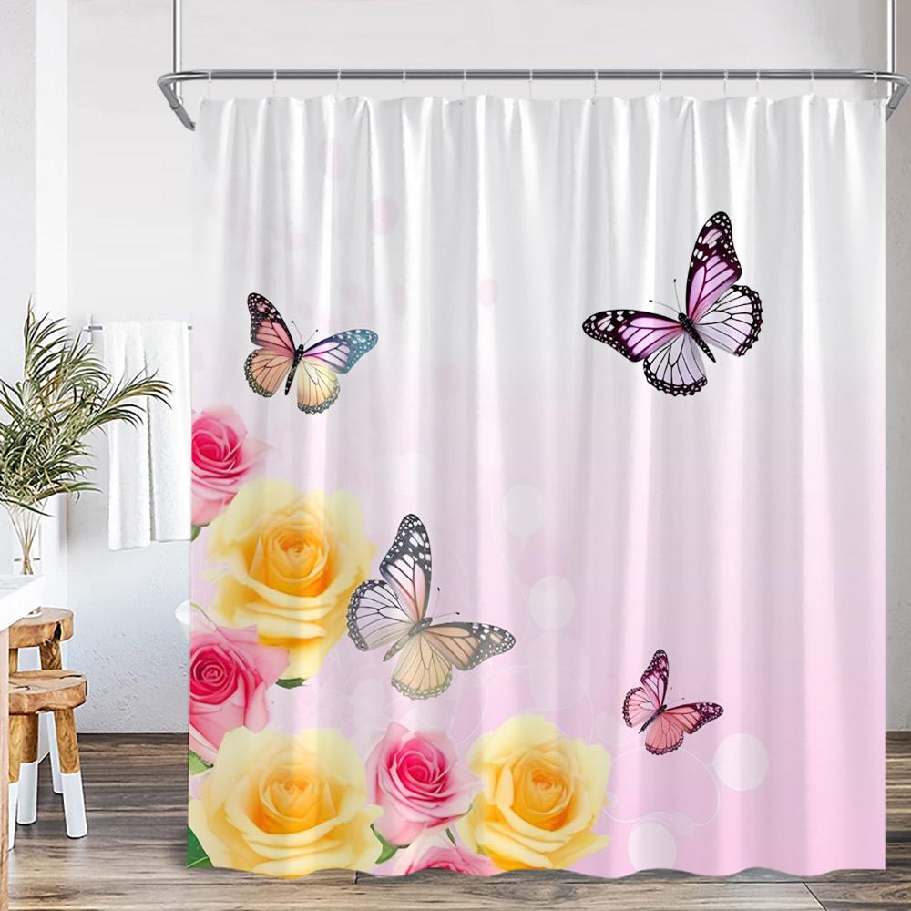 Colorful Butterflies Floral Shower Curtain Flowers Plants Blooming Blossom Bathroom Decorations Polyester Bath Curtain With Hook