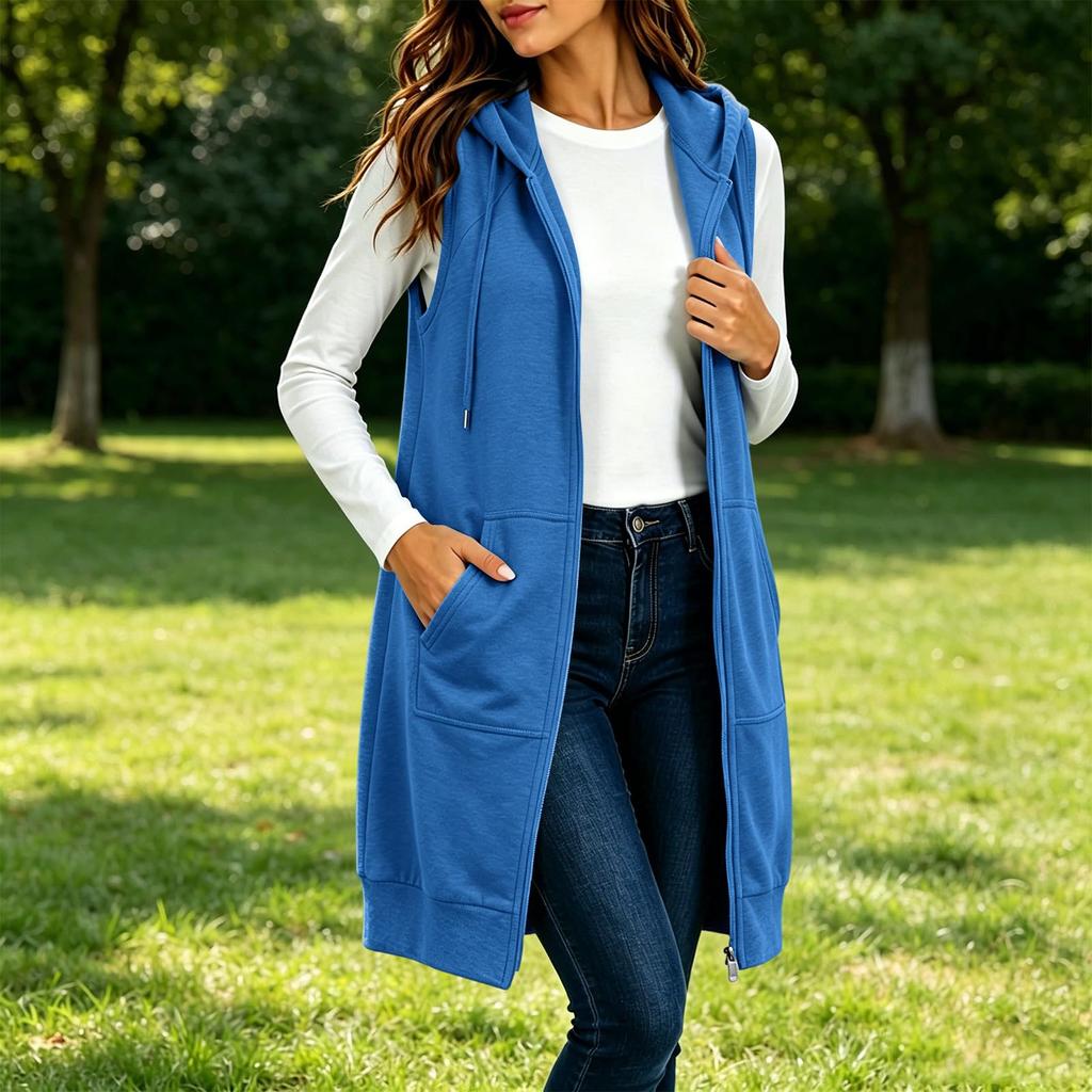 Women's Hooded Sleeveless Long Vest with Pockets - Color Loose Fit Casual Jacket