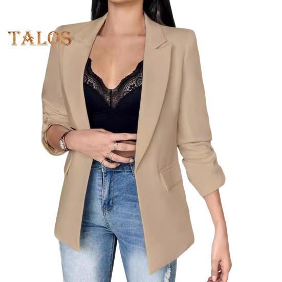 Women Suit Coat Lapel Long Sleeve Flap Pockets Suit Jacket Solid Color Open Front Office Lady Business Outwear