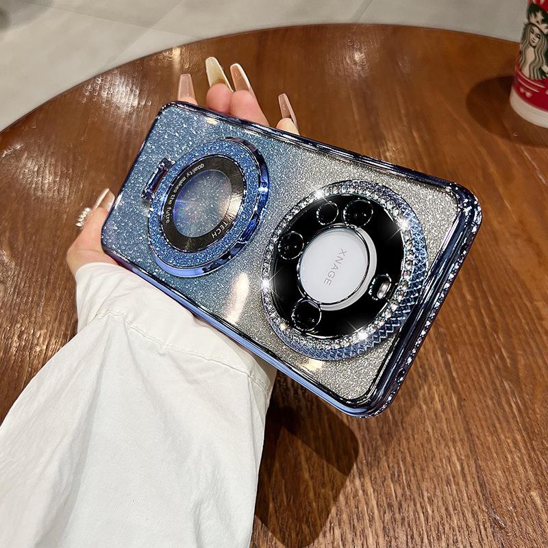 Magnetic Glitter Stand Is Suitable for Huawei Mate60pro Phone Cases with Water Diamond Edge Gradient P70 and P60 Couple