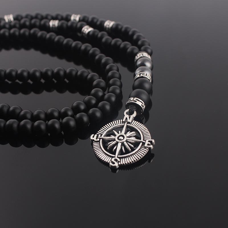 Matte Black Agate Alloy Compass Pendant Necklace - Classic Yoga Design