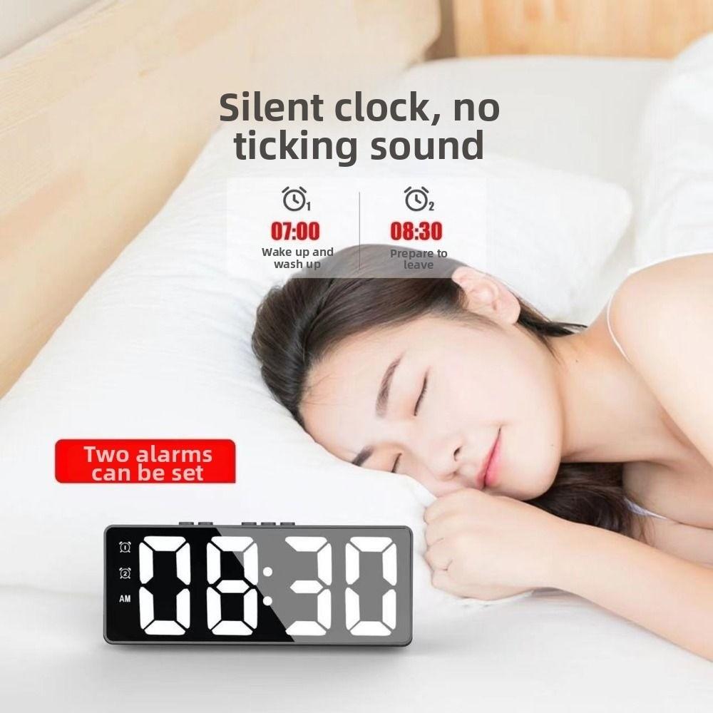 Mirror Display LED Mirror Clock Adjustable Brightness Large Number Digital Alarm Clock USB/Battery Powered Sound Control