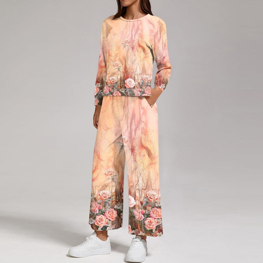 Women's Casual Round Neck Loose Fit Sweatshirt and Pants Set with Printed Split Hem
