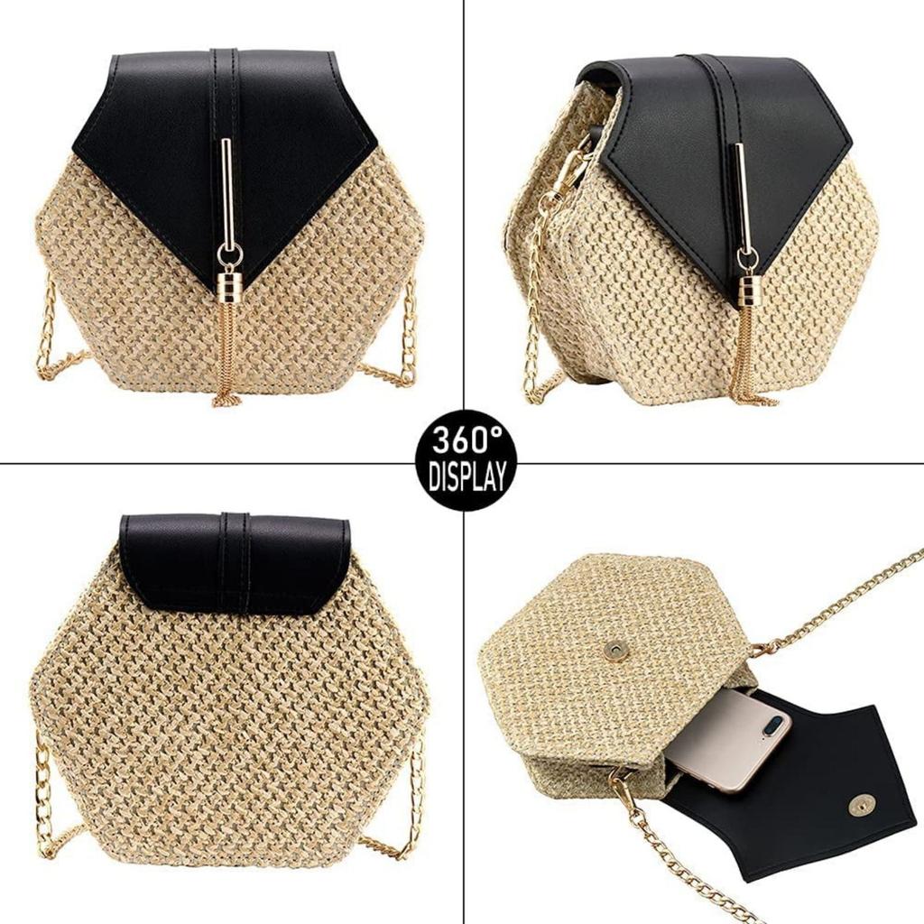 Women's Bag Woven Hexagonal Women's Bag Solid Color Single Shoulder Crossbody Bag Straw Bag Tassel Chain Bag