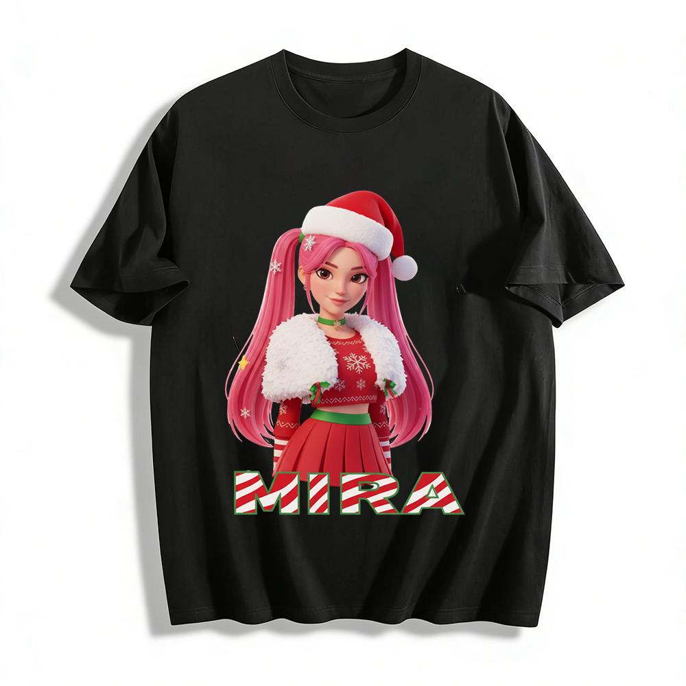 

Christmas Themed MIRA Pink-haired Girl Print Top Casual Festival Style Crewneck Sweatshirt Pure cotton T-shirt XXS