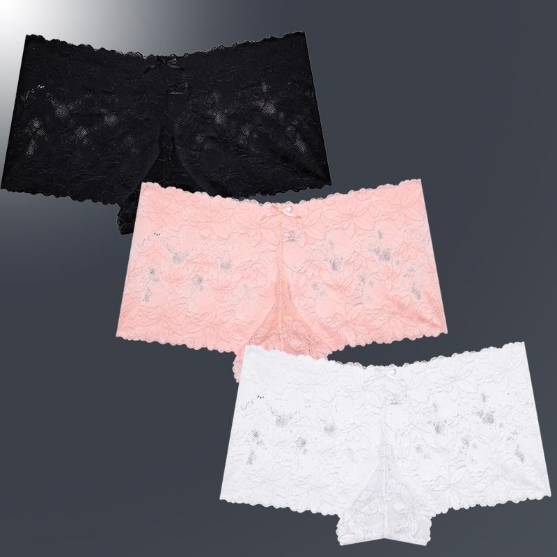 3ks/Sada Dámské Sexy Krajkové Kalhotky Průhledné Spodní Prádlo s Květinovými Listy V-Pas Boyshort pro Ženy Měkké Intimní Prádlo