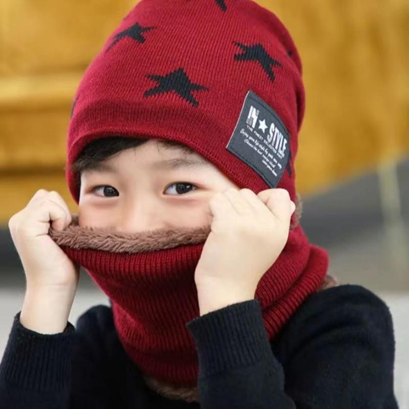 (TAGLIA)Cappelli invernali caldi lavorati a maglia con colori a contrasto in pile per set di due pezzi cappello + sciarpa per bambini