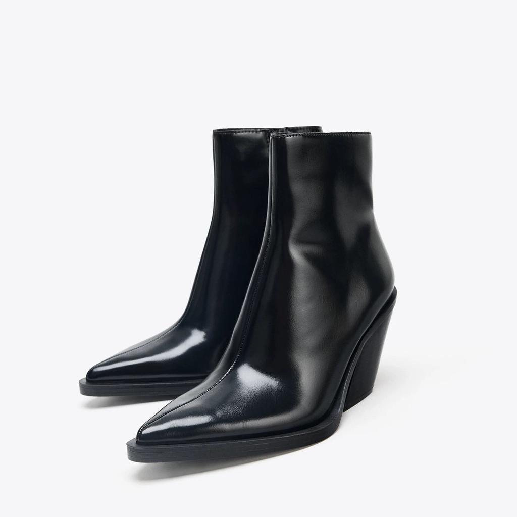 Damen Schwarze Leder Stiefeletten Spitze Zehenpartie Keilabsatz Modedesign Seitlicher Reißverschluss Stiefel Party Streetwear