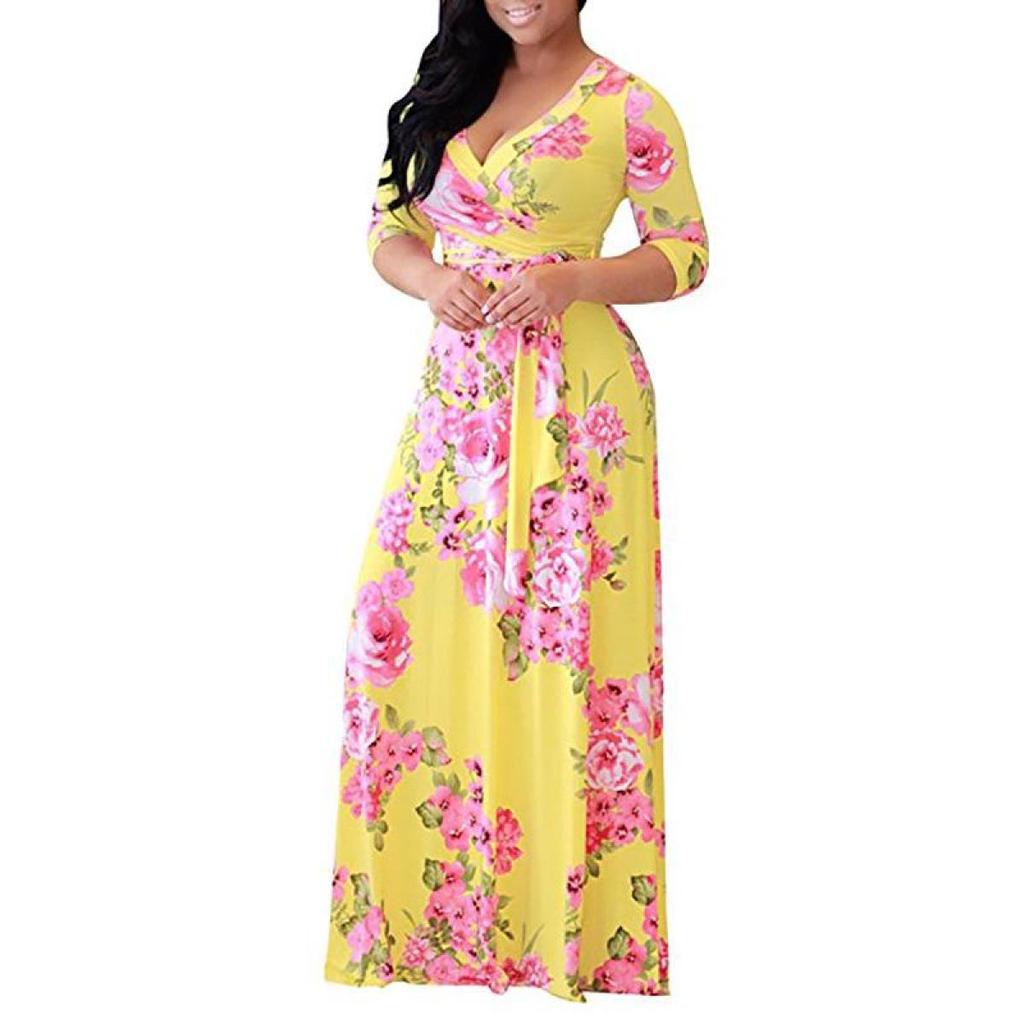 Women's Long Sleeve V Neck Tie Print Long Plus Size Dress