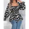 Women's Autumn and Winter Casual Wooden Ear Edge Square Collar Leopard Print Long Sleeve Top