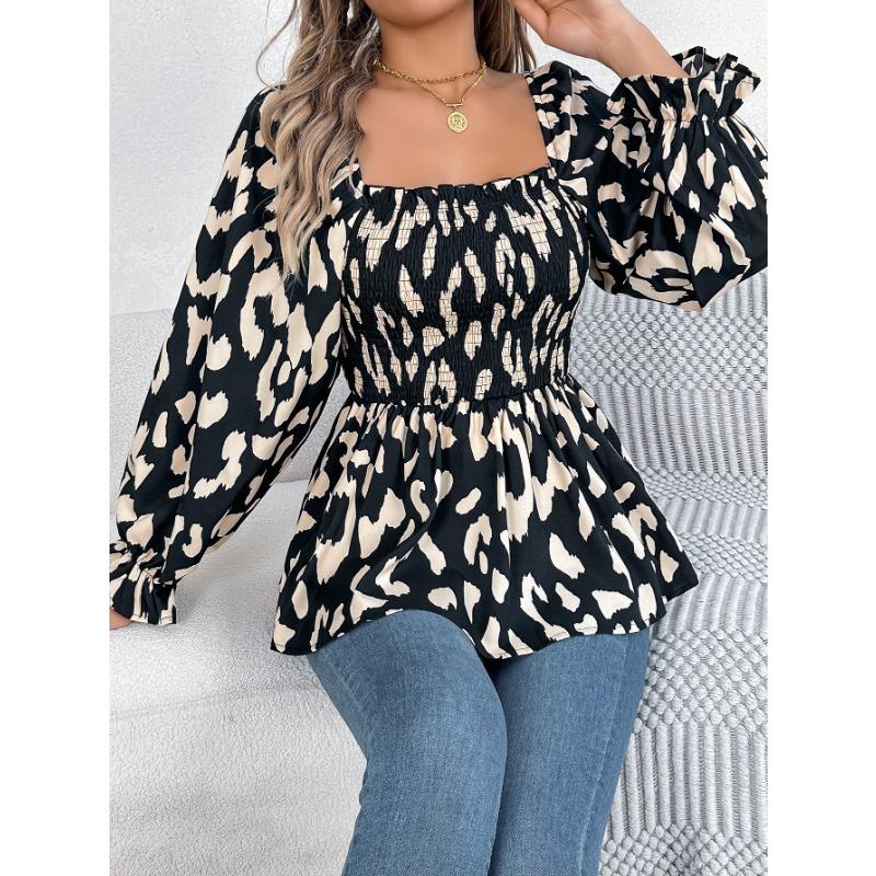 Women's Autumn and Winter Casual Wooden Ear Edge Square Collar Leopard Print Long Sleeve Top