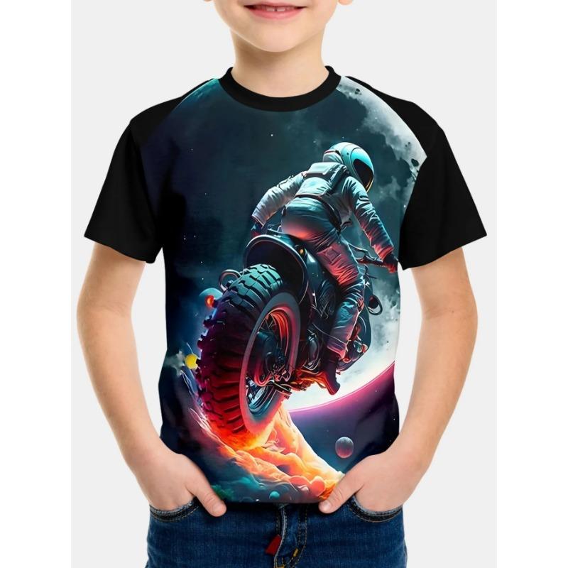 Summer Round Neck 3D Printed Motorcycle Rider Pattern Top Fashionable Casual Short Sleeved Children's Boy T-shirts
