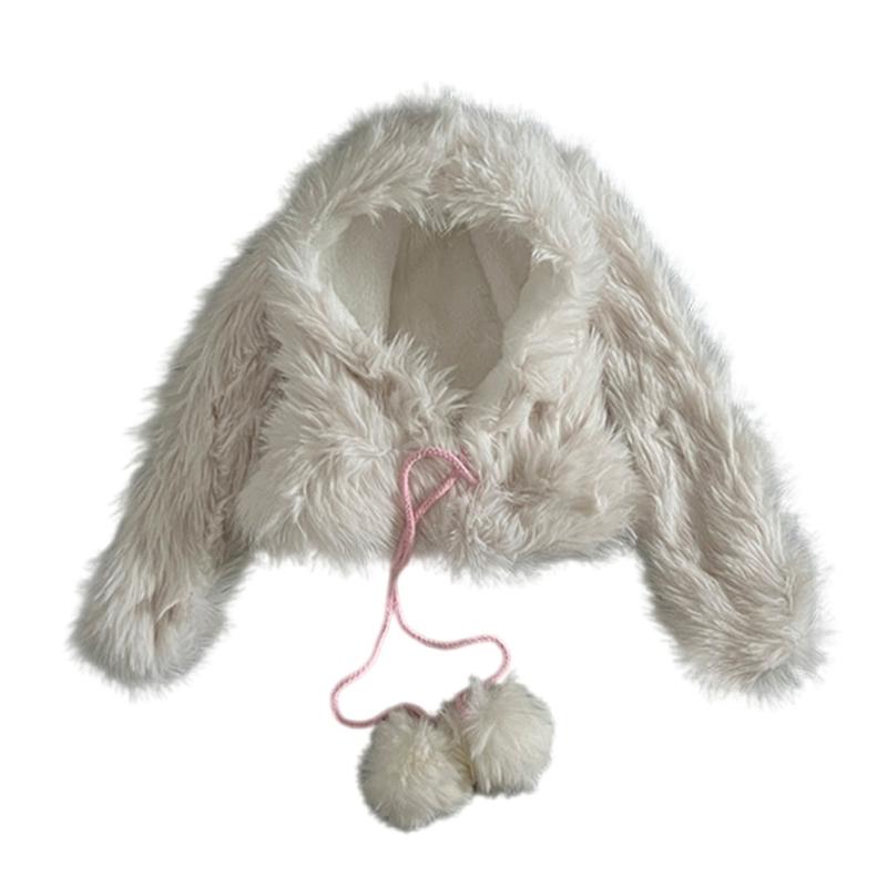 Furry Plush Hooded Hat Adult Lovely Balaclava Hat with Long Rabbits Ear 2000s Teens Girl Winter Warm Scarf Hat Daily Use
