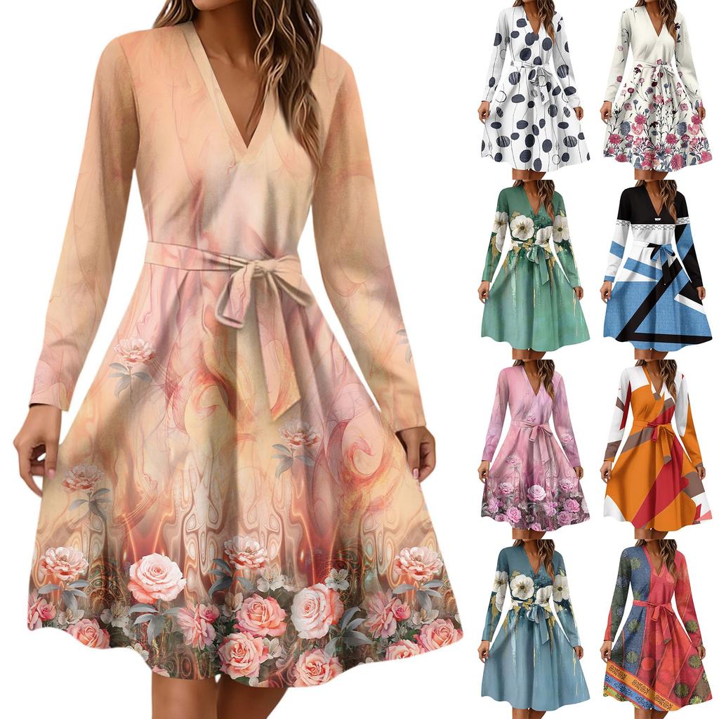 Women's Fashion Casual V-Neck Long Sleeve Waist Floral Print Midi Dress