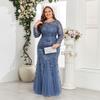 Plus Size Elegant Embroidered Mermaid Dress Round Neck Long Sleeve Lined Back Zipper