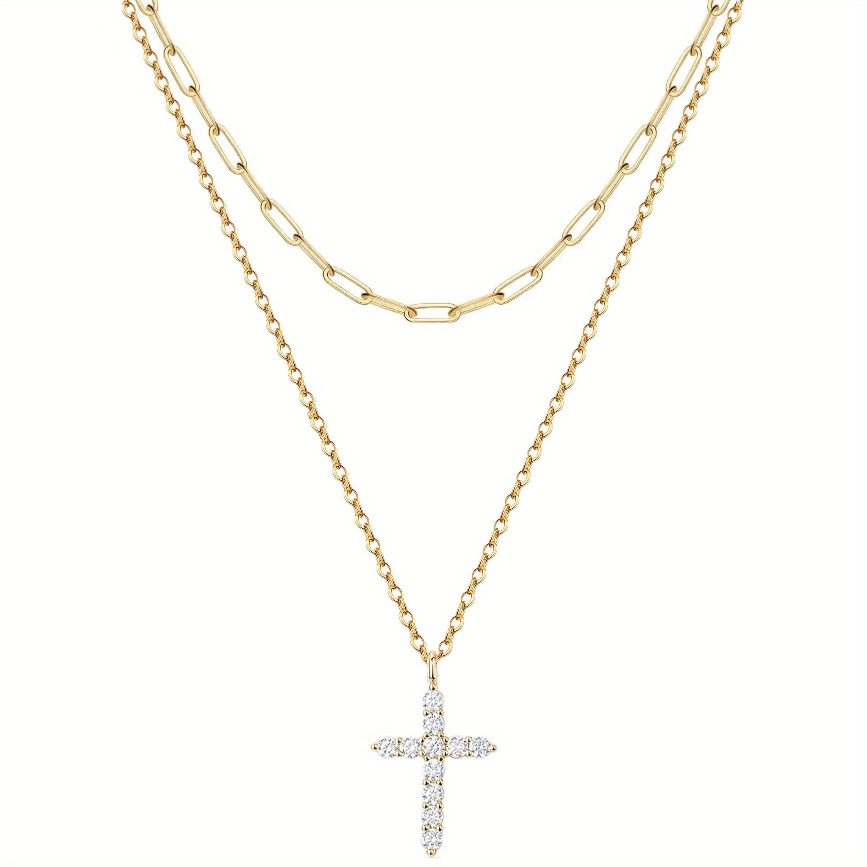 Simple Classic Elegant Chic Fashion Luxury Aaa Cz Stone Hypoallergenic Stainless Steel Multi-Layered Cross Necklace золотой