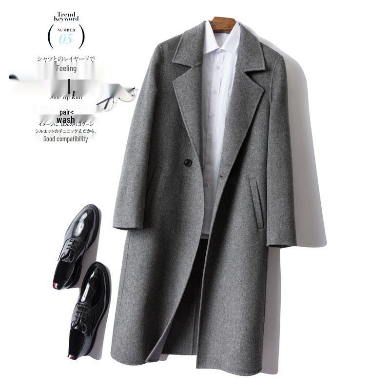 Men's Mid-Length Double-Faced Wool Cashmere Overcoat with Suit Collar