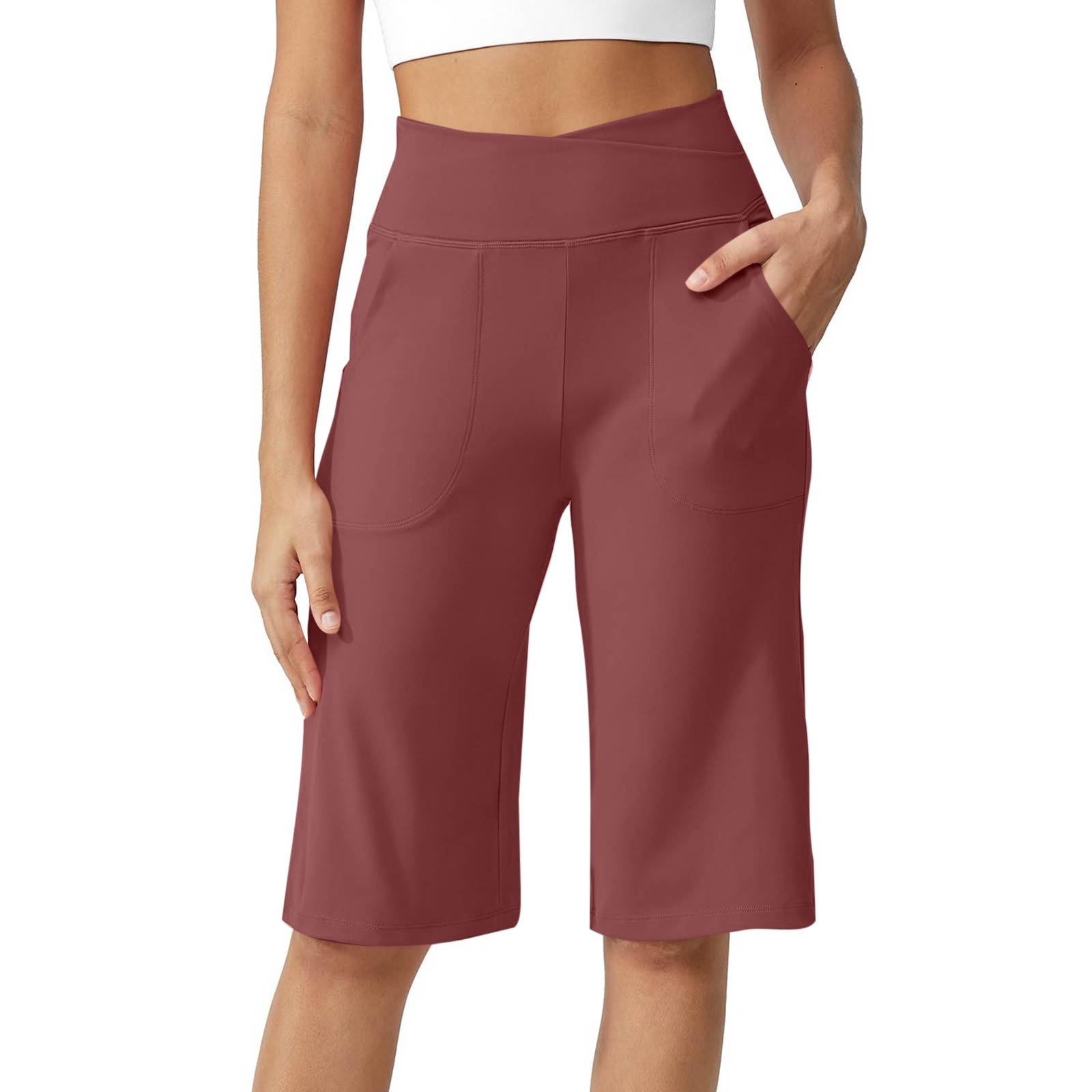 

Women Elastic High Waist Casual Fit Wide Capris Leg Pants Yoga Leggings Soft Gym With Pockets XXL червоний