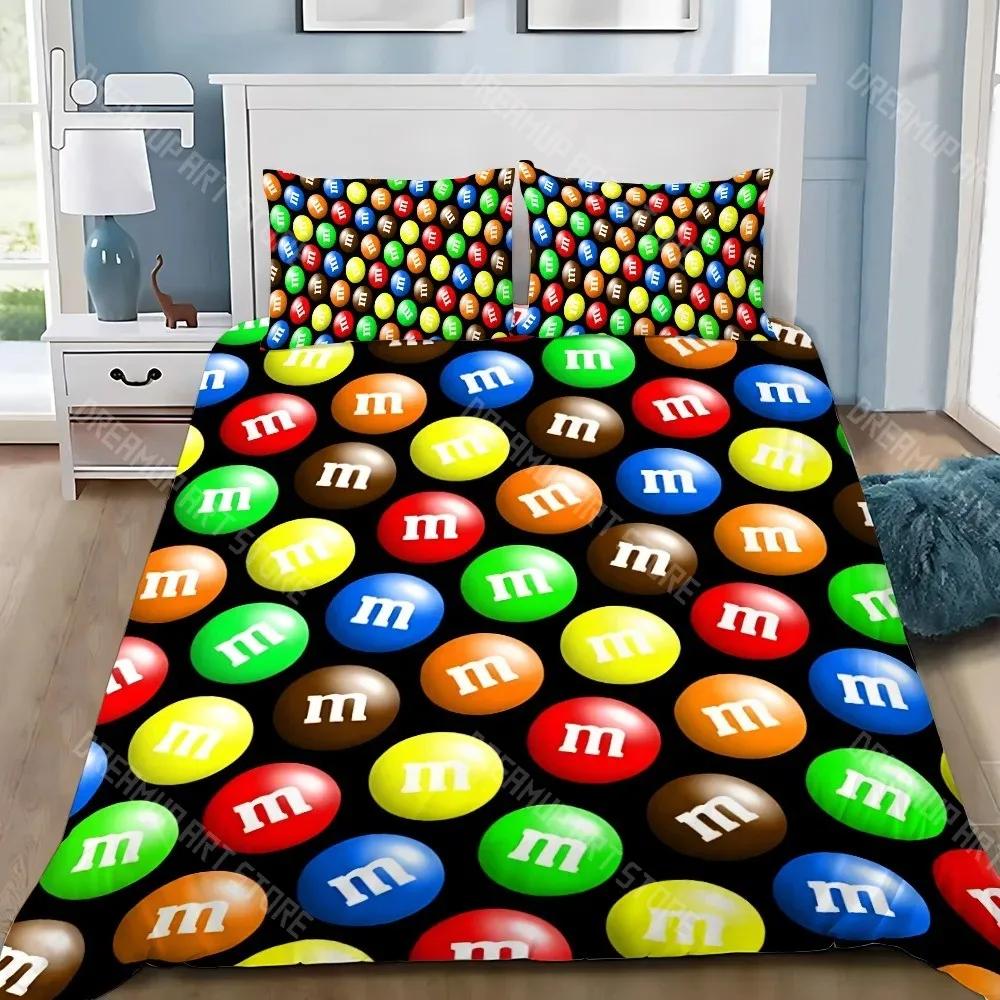 Fashion M&M Chocolate Logo Duvet Cover Pillowcase Bedding Set Boys Girls Bedroom Decoration Children Gift Single Double Size