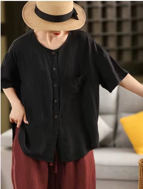 Johnature Women Vintage Solid Color Shirts O-Neck Half Sleeve Patchwork Pockets Summer Loose Casual Button Shirts