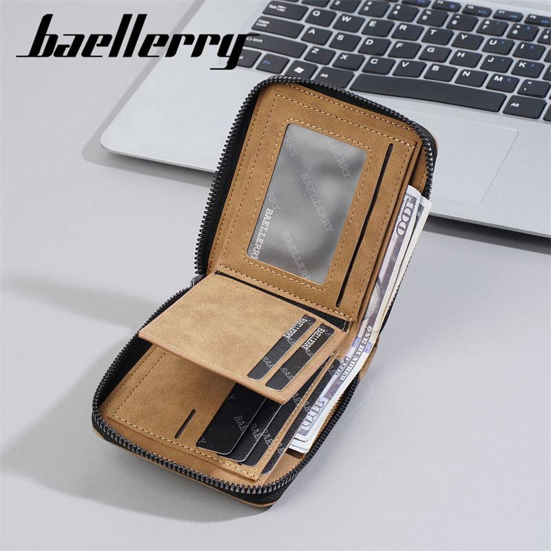 Baellerry Men Zipper Wallets PU Leather Short Coin Purse Vintage Design Card Holder