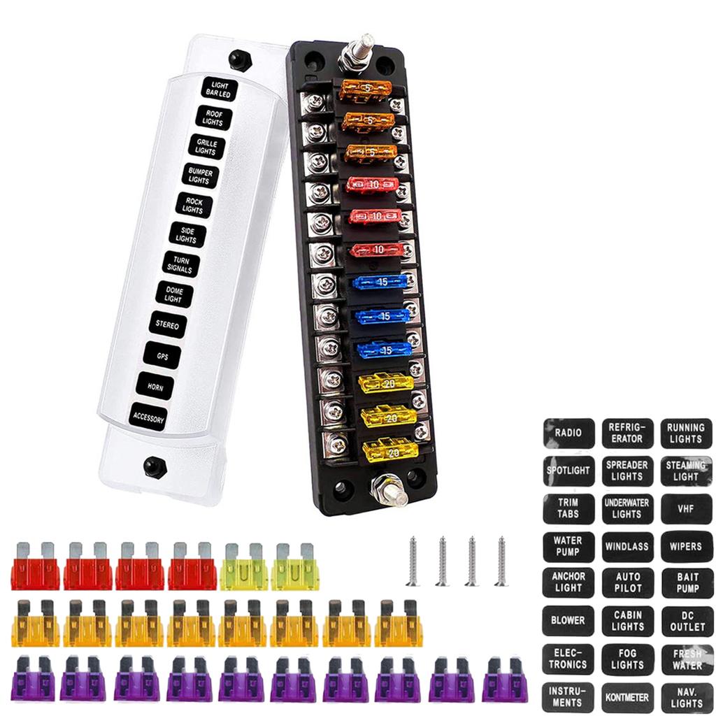 Blok bezpieczników 12-drożny, Anody dodatnie i ujemne 12V 32V Uchwyt bezpieczników płytkowych ATC ATO Standardowa skrzynka bezpiecznikowa z naklejkami etykietowymi