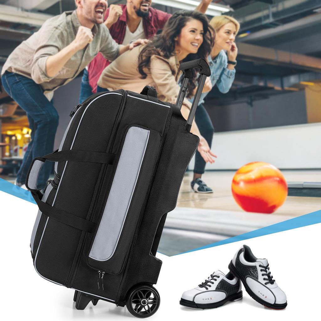 GOBUROS Bowling Bag with Wheels Bowling Bag for 3 Carry Bowling Bag with Shoe Storage Bowling Cart Bag