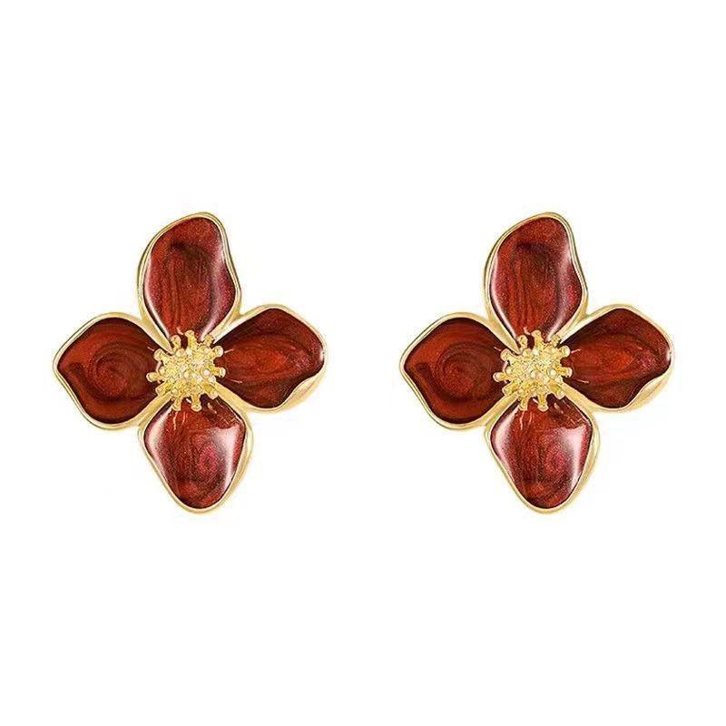 Fashion Korean Women Retro Drip Glaze Red Flower Earrings Women for Delicate Earrings Luxury Couple Engagement Jewelry Gift