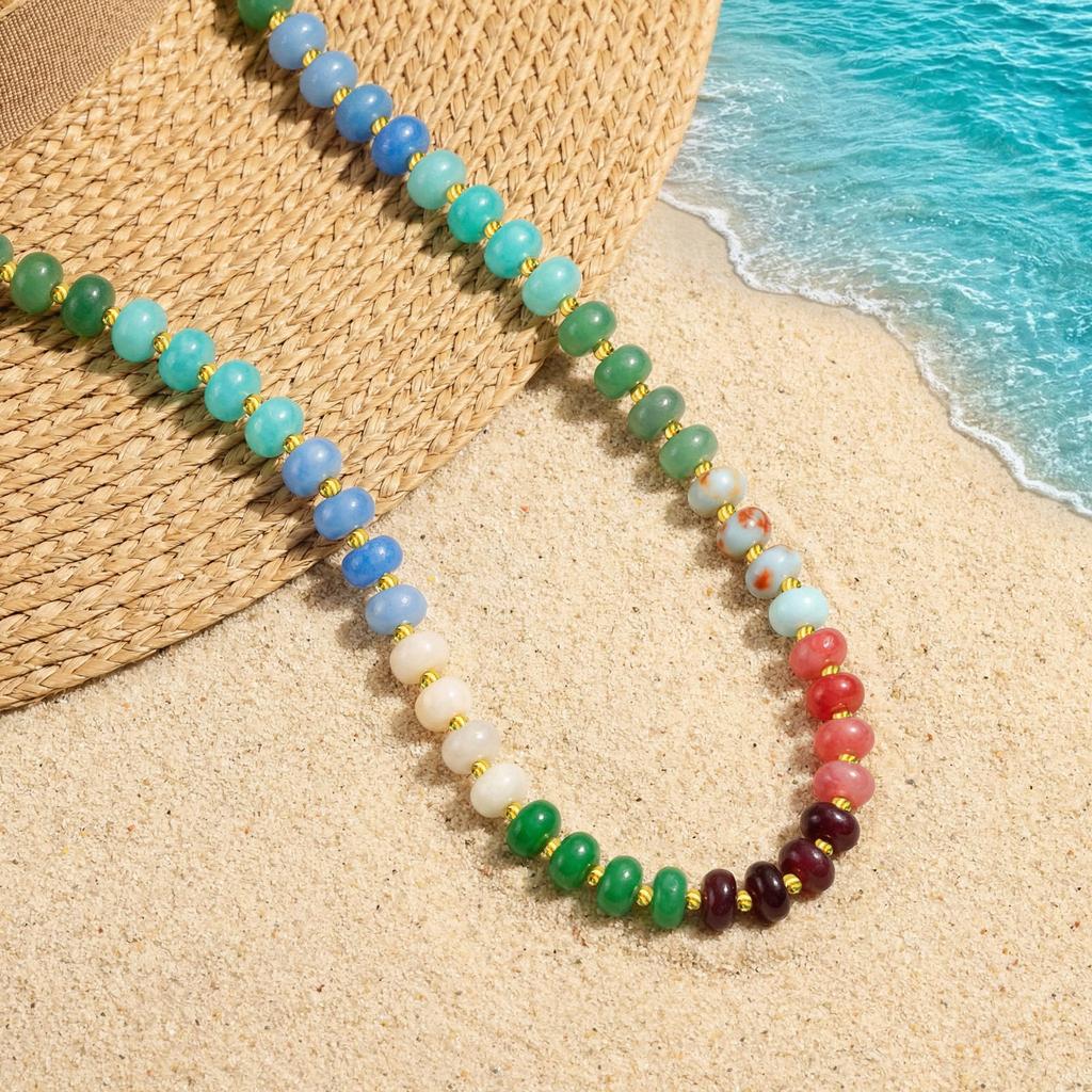 Elegant Stone Necklace Natural Colorful Gemstone Beaded Stainless Steel Beads Boho Summer Jewelry for Women Vacation Gift