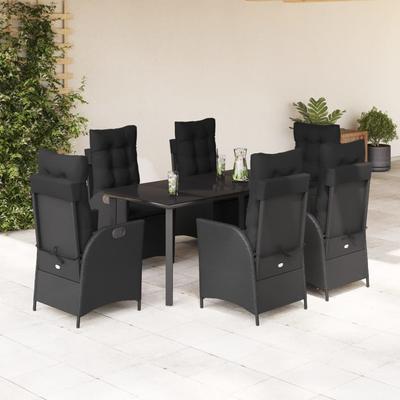 Vidaxl 7-Cz. Garden Furniture Set With Cushions, Black, Poly Rattan