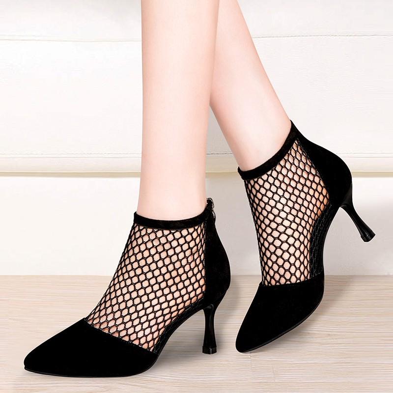 Модні літні чоботи з гострим носом Жіночі тонкі 2024 Весна та осінь Нові дихаючі чоботи з сіткою Босоніжки на високих підборах 6 см Ботильйони на шпильці