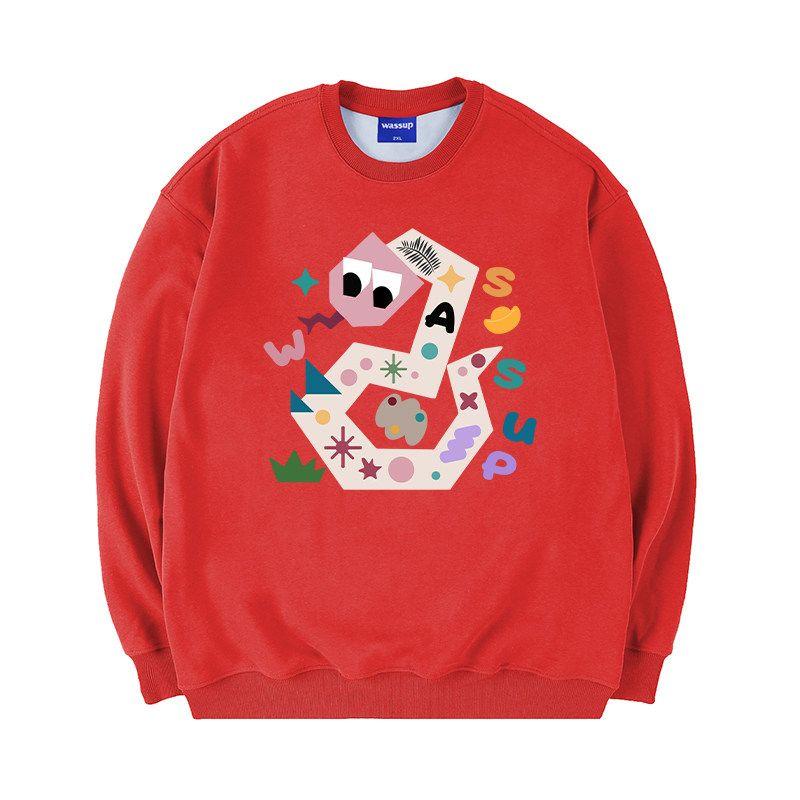 Wassup Chinese Zodiac Year of the Snake Theme Heavy Fleece Sweatshirt for Men Spring and Autumn 2025 New Couple Round Neck Top