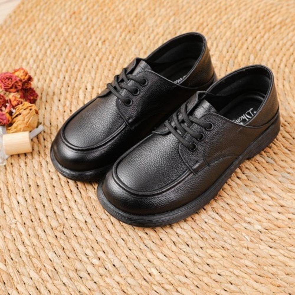 Top‑Layer Cowhide Mom Shoes, Round Toe Low Heel Shallow Mouth Dance Shoes, Breathable Versatile Flat Casual Leather Shoes SA‑2289
