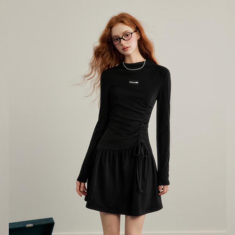 

UNIFREE Black Brushed Knit Long Sleeve Stand Collar Dress S