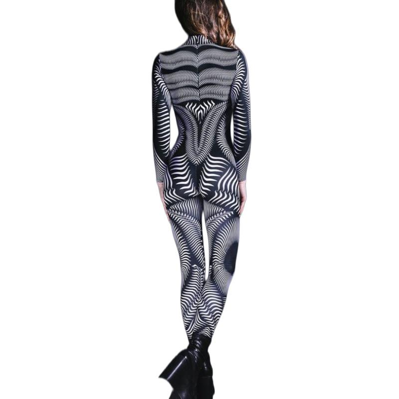 Unisex Cyber Punk 3D Digital Stripe Printing Halloween Party Role Play Outfit Women Men Cosplay Costume Carnival Jumpsuit