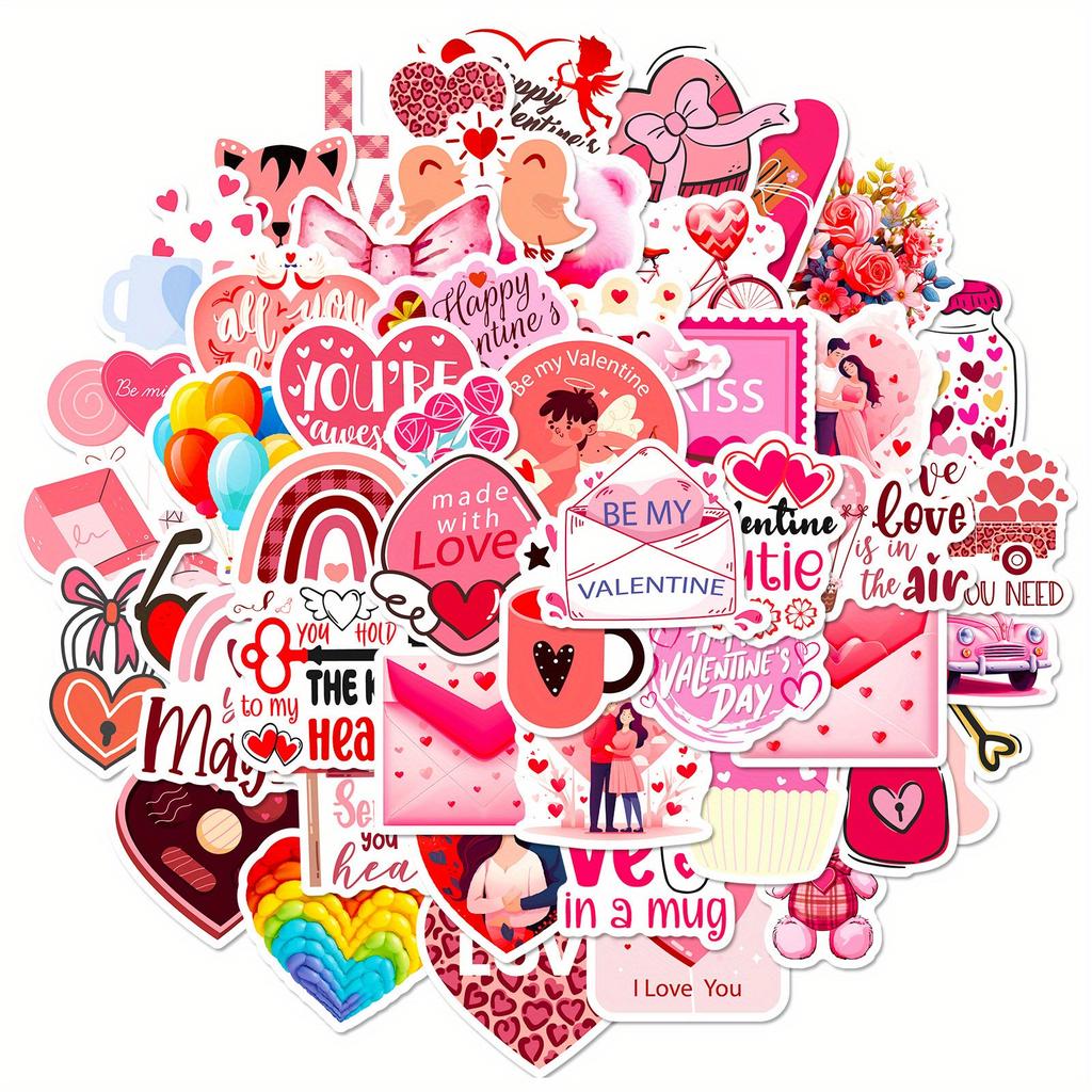 50pcs Vinyl Cartoon Love Decals, Reusable, Self-Adhesive, Romantic Valentine'S Day Themed, for Stationery, Laptops,Water Bottles