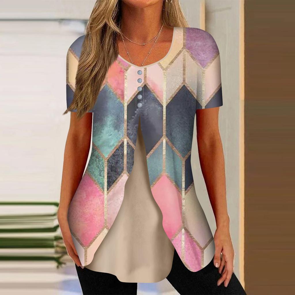 Shirts For Women Short Sleeve Tops Dressy Summer Casual Printed V-neck Irregular Hem Blouses Tees