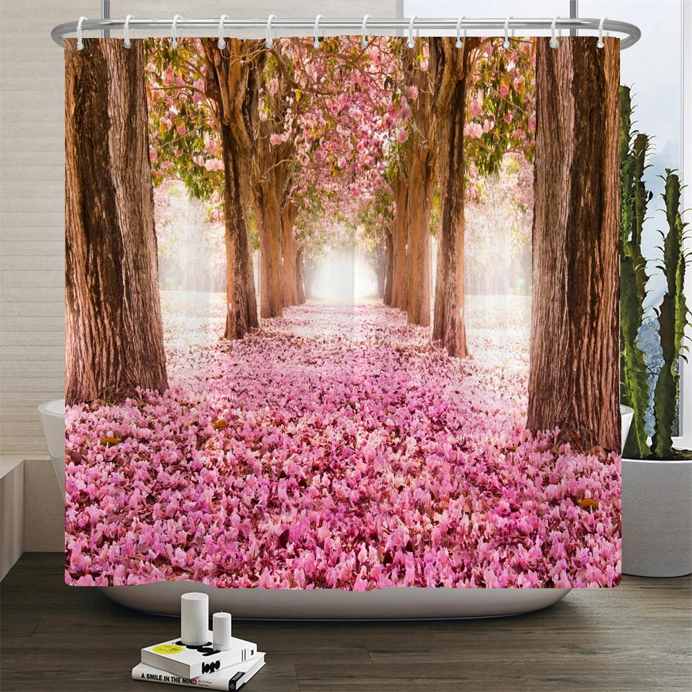 

Шторка для душу Березовий гай Зображення природного ландшафту Водонепроникний поліестер для ванної Кімнати Декорація з гачками W120xH180cm