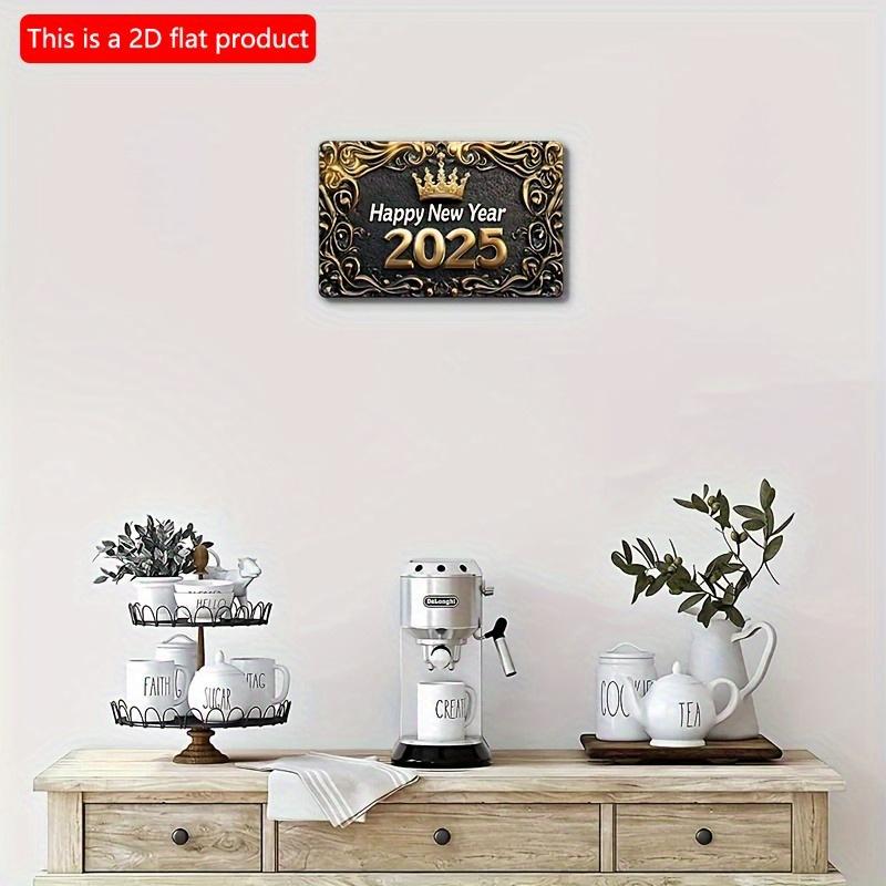 2d Flat 30*20cm, Boho Style Wooden "Happy New Year 2025" Sign, Wall Hanging Decorative Plaque, Multipurpose Square Wreath Sign, for Home, Kitchen,
